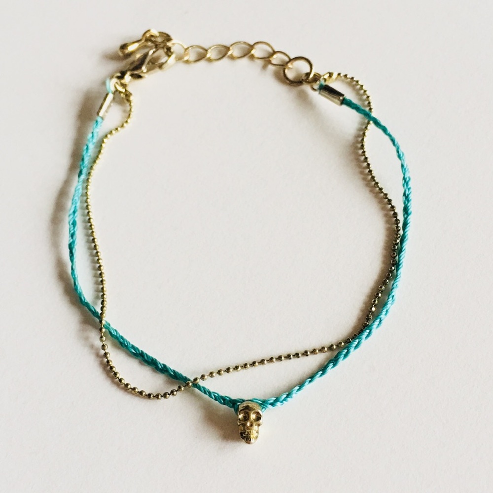 Skull Gold and Turquoise Cord Bracelet